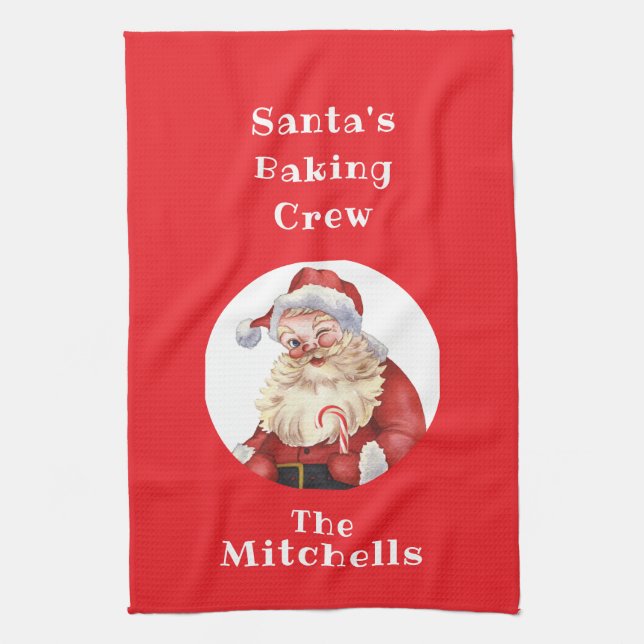 Christmas Cookie Retro Santa's Baking Crew NAME Tea Towel (Vertical)