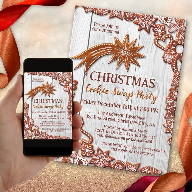 Christmas Cookie Swap Fun Gingerbread Invitation (A fun gingerbread Christmas invitation with cookies on a simple wood background)