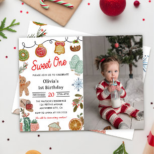 Christmas Cookie Sweet One 1st Birthday Photo Invitation