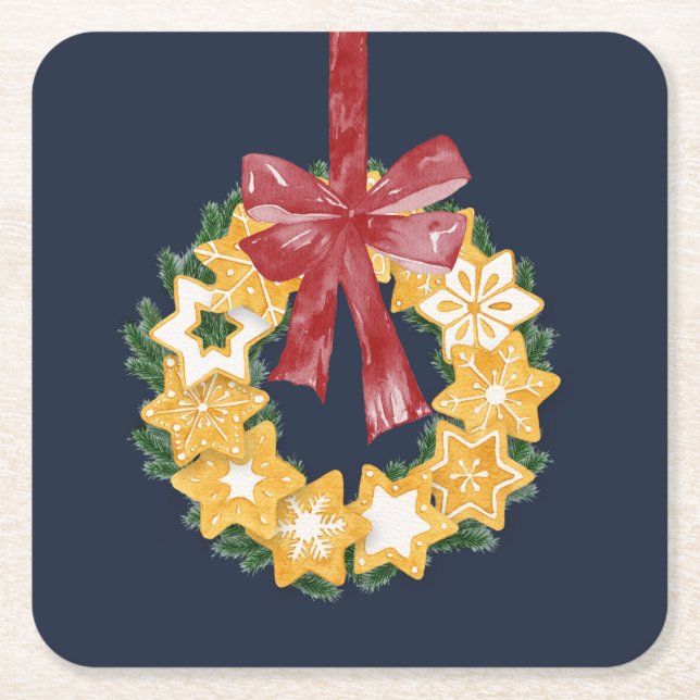 Christmas Cookie Wreath with Blue Grey Background Square Paper Coaster (Front)
