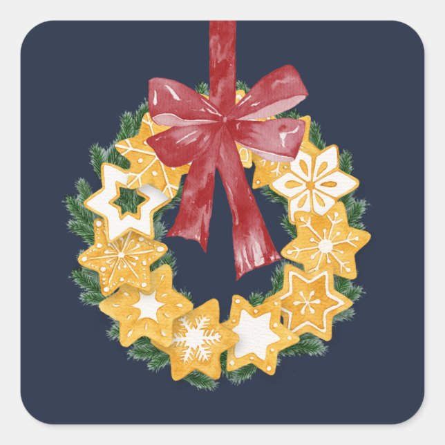 Christmas Cookie Wreath with Blue Grey Background Square Sticker (Front)