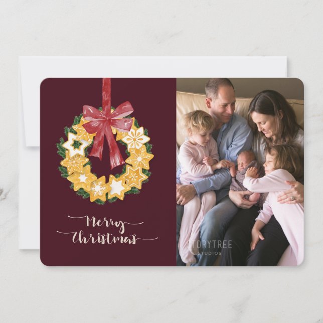 Christmas Cookie Wreath with Burgundy Background Holiday Card (Front)