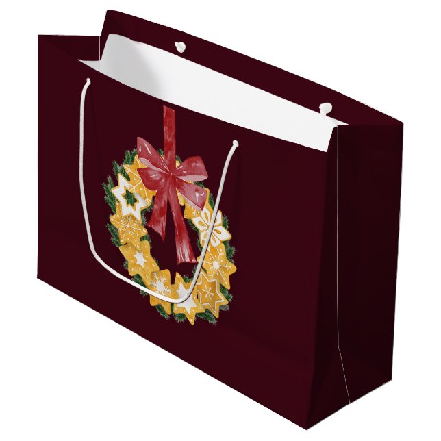 Christmas Cookie Wreath with Burgundy Background Large Gift Bag (Front Angled)