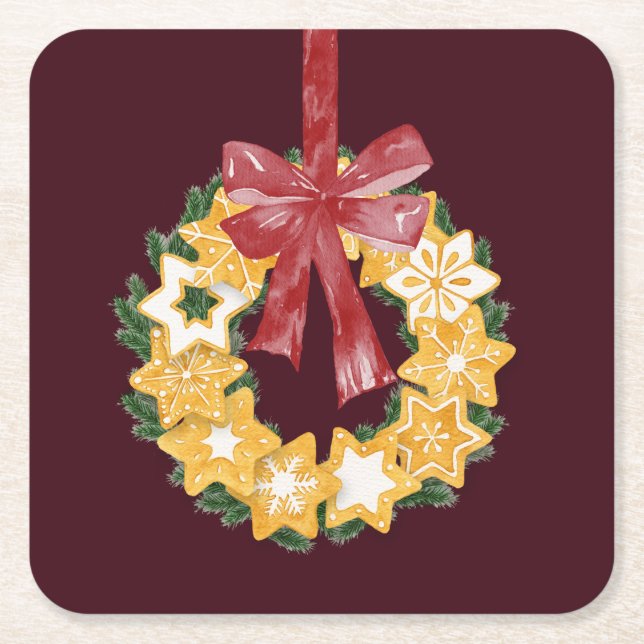 Christmas Cookie Wreath with Burgundy Background Square Paper Coaster (Front)