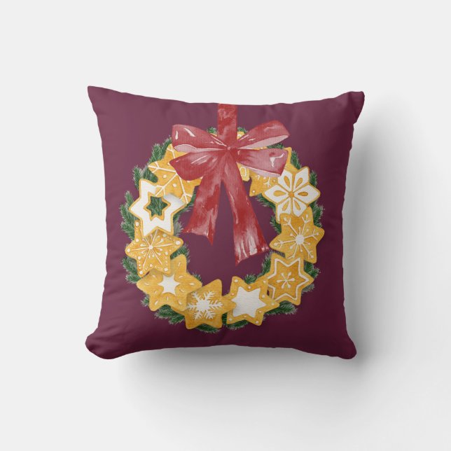 Christmas Cookie Wreath with Deep Plum Background Cushion (Front)