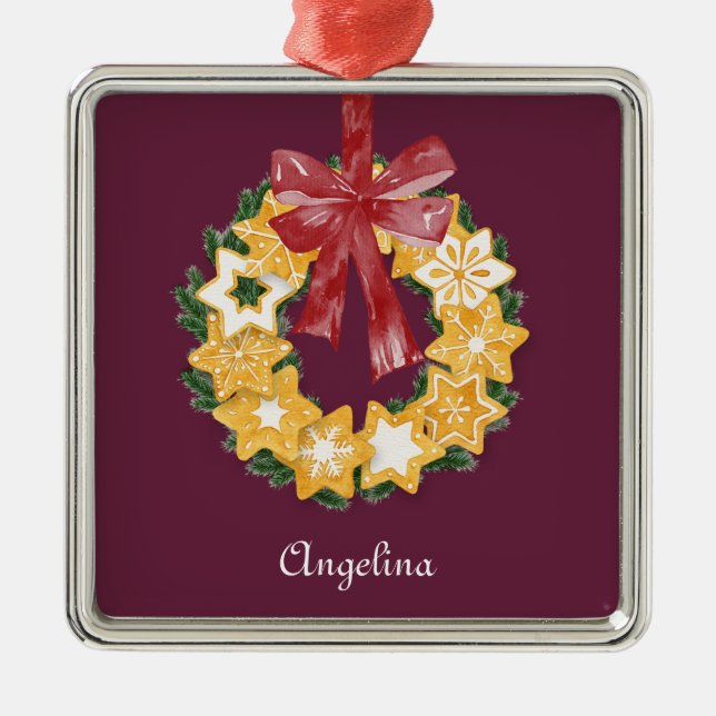 Christmas Cookie Wreath with Deep Plum Background Metal Tree Decoration (Front)