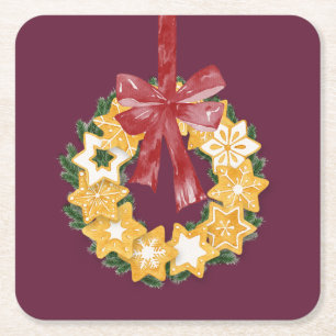Christmas Cookie Wreath with Deep Plum Background Square Paper Coaster