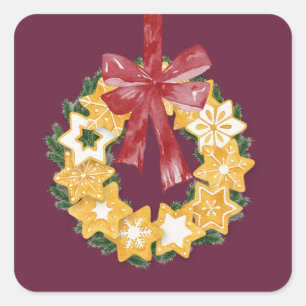 Christmas Cookie Wreath with Deep Plum Background Square Sticker