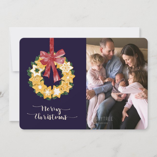 Christmas Cookie Wreath with Navy Blue Background Holiday Card (Front)