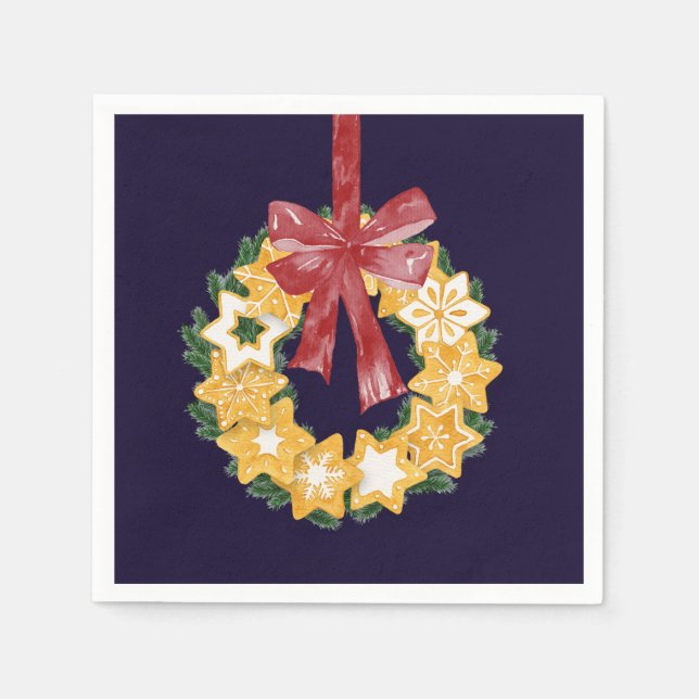 Christmas Cookie Wreath with Navy Blue Background Napkin (Front)