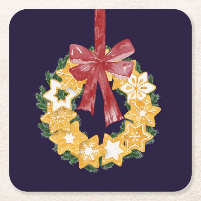 Christmas Cookie Wreath with Navy Blue Background Square Paper Coaster (Front)