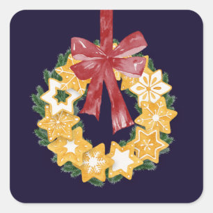 Christmas Cookie Wreath with Navy Blue Background Square Sticker