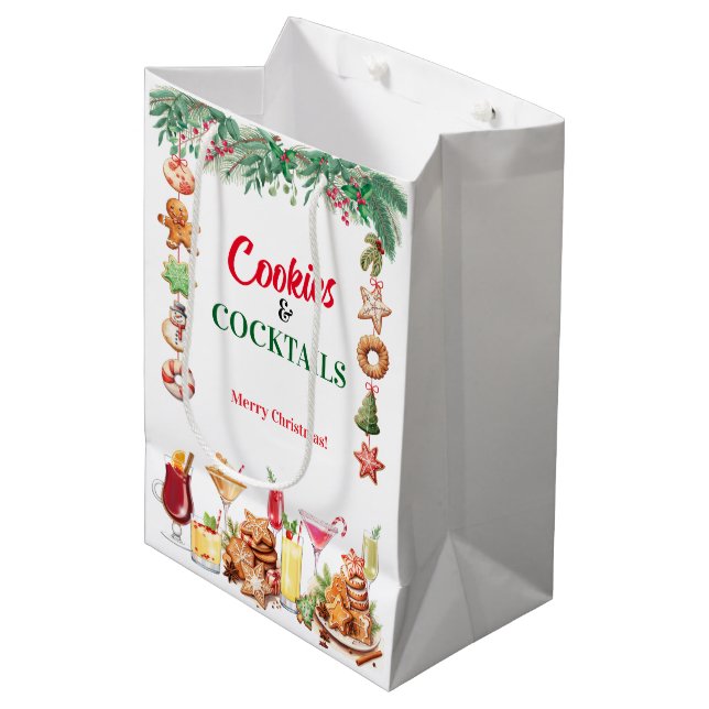 Christmas Cookies and Cocktails Medium Gift Bag (Front Angled)