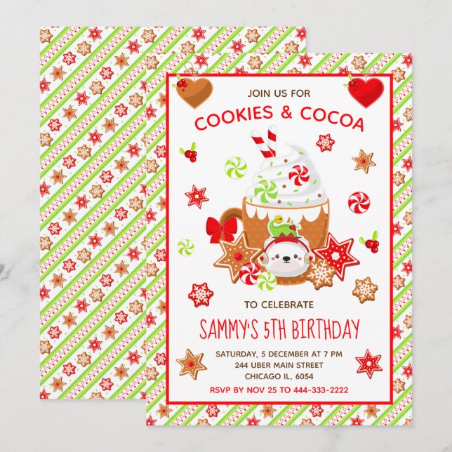 Christmas Cookies and Cocoa Birthday Green Invitation (Front/Back)