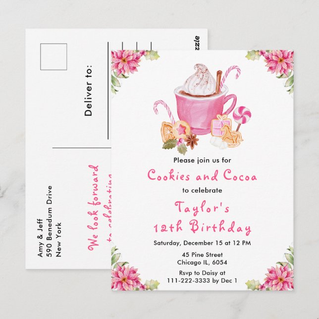 Christmas Cookies and Cocoa Birthday Party Pink Postcard (Front/Back)