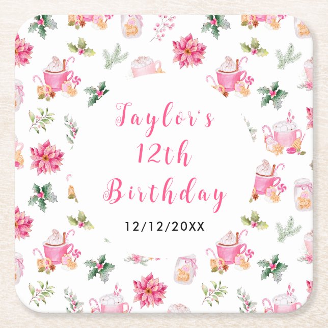 Christmas Cookies and Cocoa Birthday Party Pink Square Paper Coaster (Front)