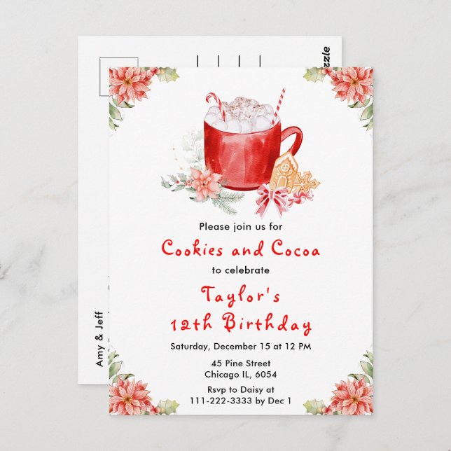 Christmas Cookies and Cocoa Birthday Party Red Postcard (Front/Back)
