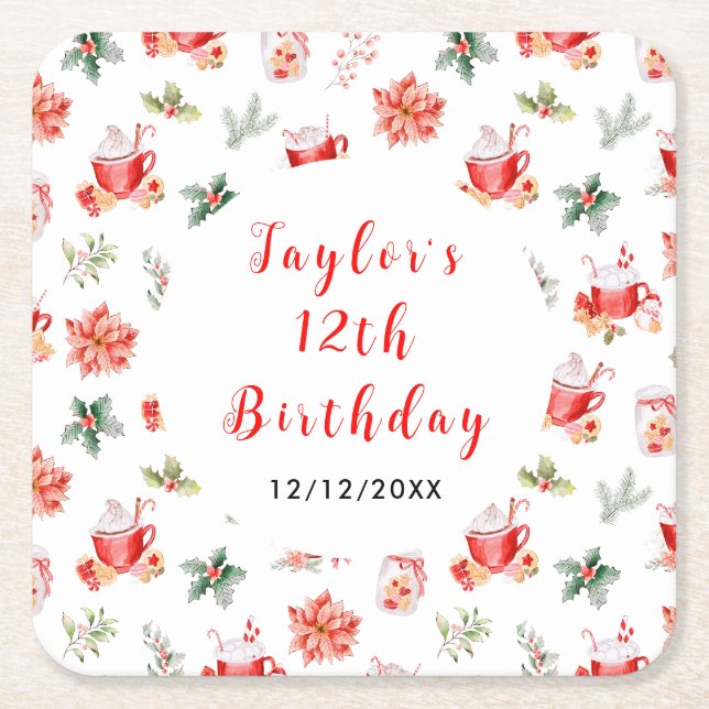 Christmas Cookies and Cocoa Birthday Party Red Square Paper Coaster (Front)