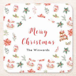 Christmas Cookies and Foliage Red Square Paper Coaster