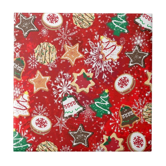 Christmas Cookies and Snowflakes on Red Ceramic Tile (Front)