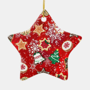 Christmas Cookies and Snowflakes on Red Ceramic Tree Decoration
