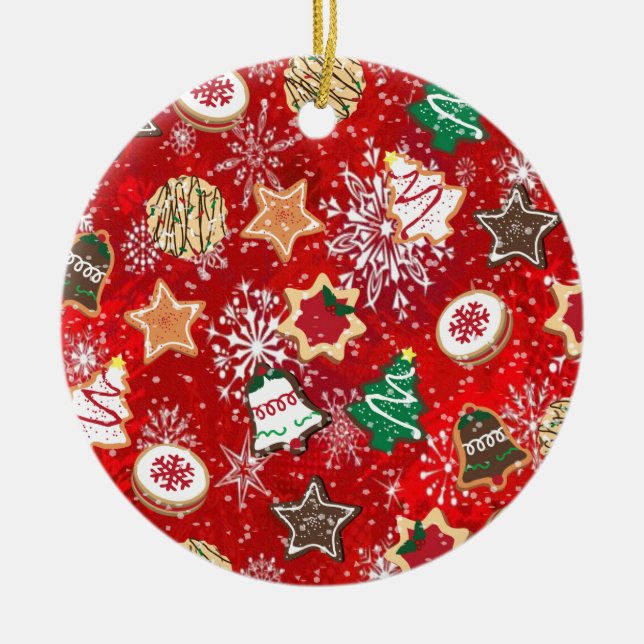 Christmas Cookies and Snowflakes on Red Ceramic Tree Decoration (Front)