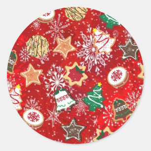 Christmas Cookies and Snowflakes on Red Classic Round Sticker