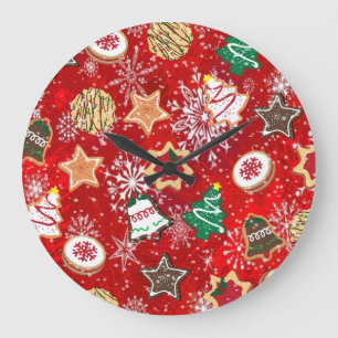 Christmas Cookies and Snowflakes on Red Large Clock