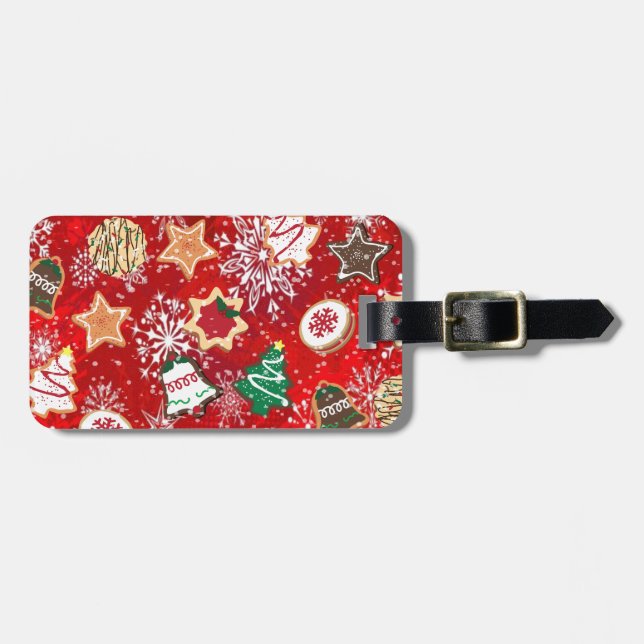 Christmas Cookies and Snowflakes on Red Luggage Tag (Front Horizontal)