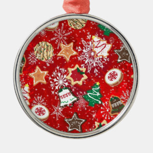 Christmas Cookies and Snowflakes on Red Metal Ornament