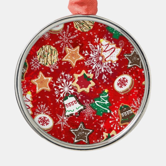 Christmas Cookies and Snowflakes on Red Metal Ornament (Front)