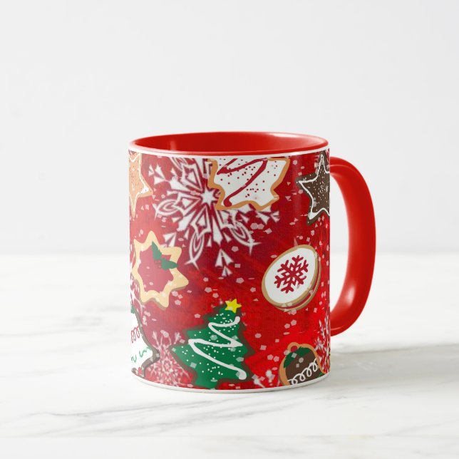 Christmas Cookies and Snowflakes on Red Mug (Front Right)