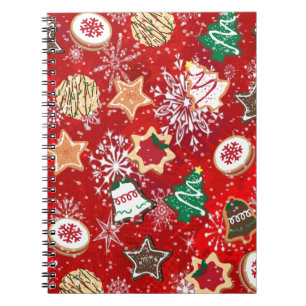 Christmas Cookies and Snowflakes on Red Notebook