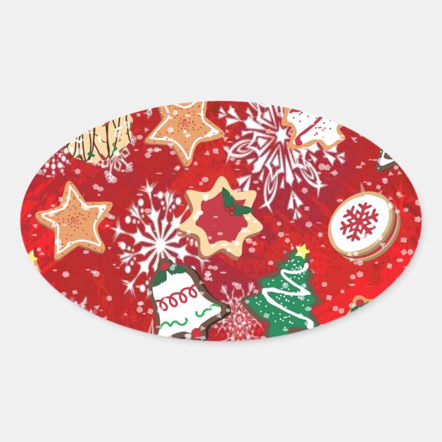 Christmas Cookies and Snowflakes on Red Oval Sticker (Front)