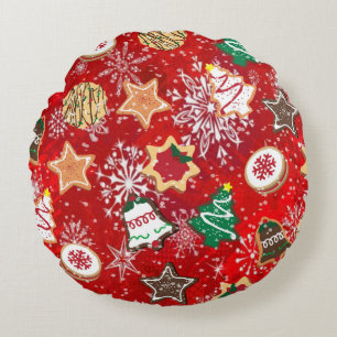 Christmas Cookies and Snowflakes on Red Round Cushion