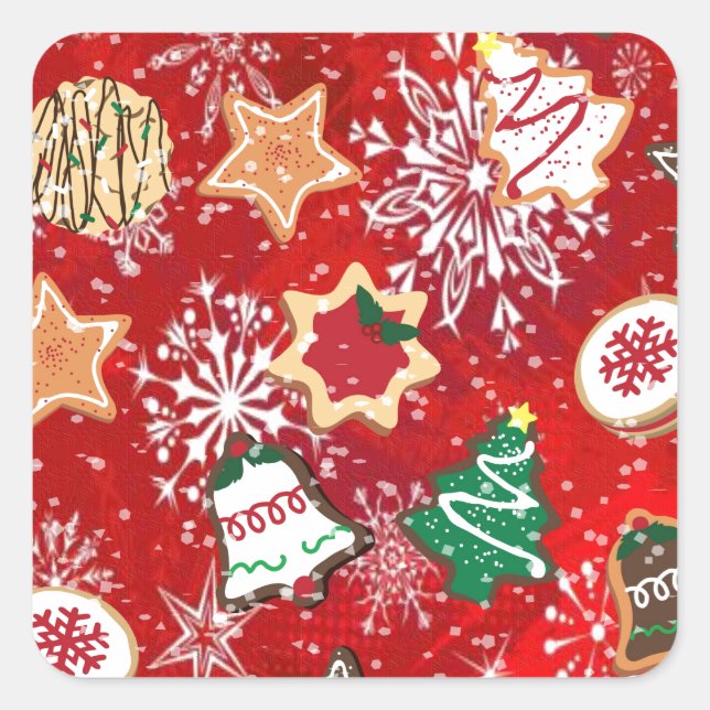 Christmas Cookies and Snowflakes on Red Square Sticker (Front)