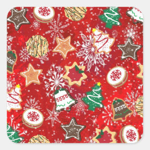 Christmas Cookies and Snowflakes on Red Square Sticker