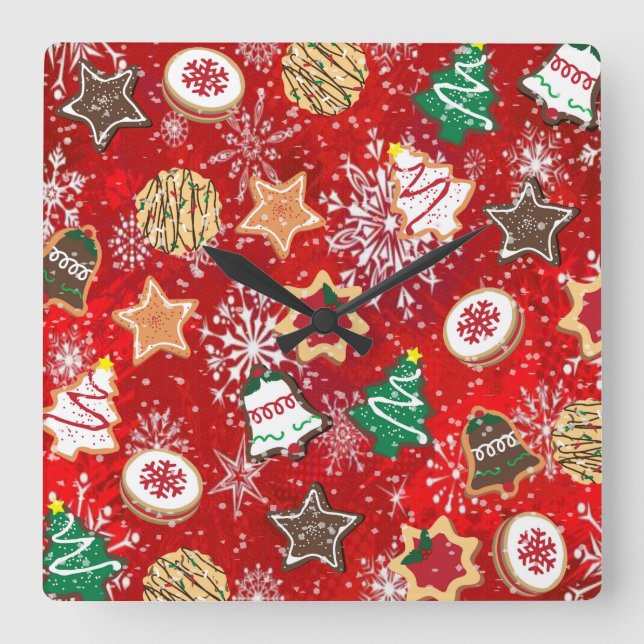 Christmas Cookies and Snowflakes on Red Square Wall Clock (Front)