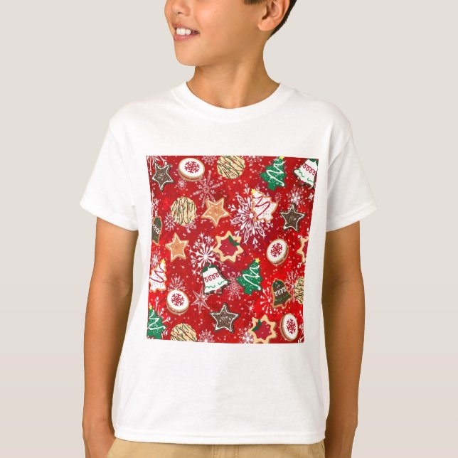 Christmas Cookies and Snowflakes on Red T-Shirt (Front)