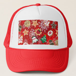 Christmas Cookies and Snowflakes on Red Trucker Hat