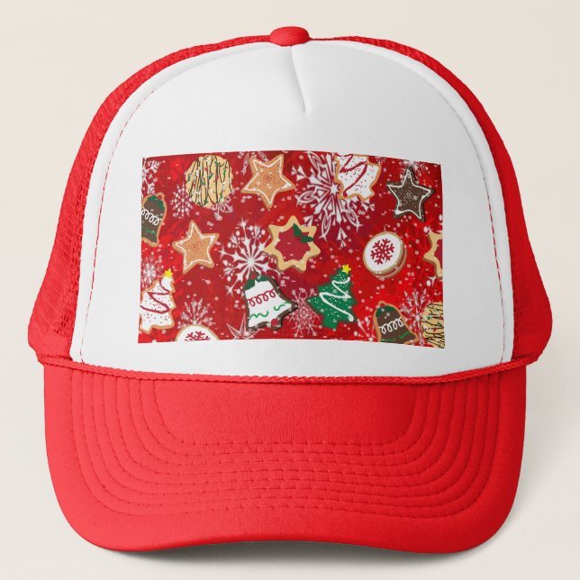Christmas Cookies and Snowflakes on Red Trucker Hat (Front)