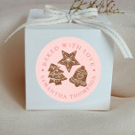 Christmas Cookies Baked with Love Pink Classic Round Sticker<br><div class="desc">Custom sticker for the bakers and cooks that like to bake/cook and gift to others, or for those who do that professionally. There is illustration of holiday cookies in the middle. There is text that goes around in circle that says "baked with love". You can customise this product by adding...</div>
