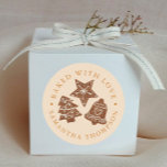 Christmas Cookies Baked with Love Yellow Classic Round Sticker<br><div class="desc">Custom sticker for the bakers and cooks that like to bake/cook and gift to others, or for those who do that professionally. There is illustration of holiday cookies in the middle. There is text that goes around in circle that says "baked with love". You can customise this product by adding...</div>