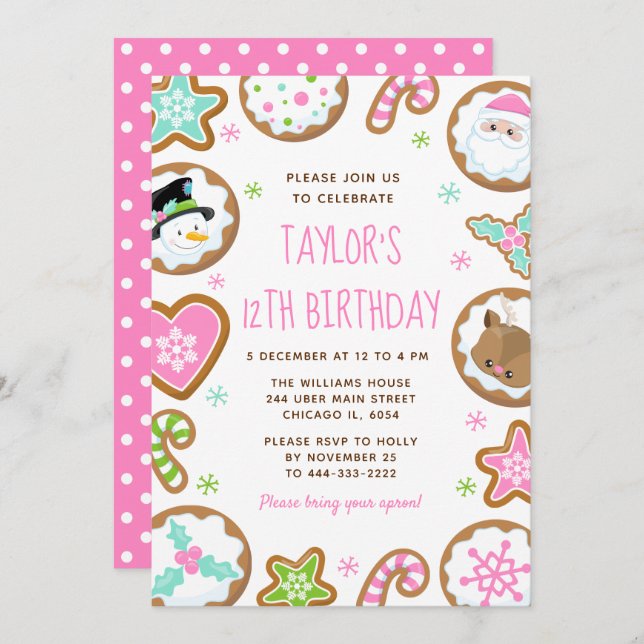 Christmas Cookies Birthday Party Pink and Green Invitation (Front/Back)
