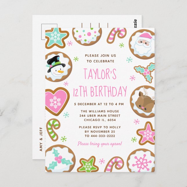 Christmas Cookies Birthday Party Pink and Green Postcard (Front/Back)