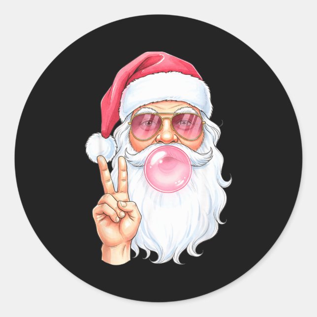 Christmas Cool Santa Bubble Gum Peace Sign Retro S Classic Round Sticker (Front)