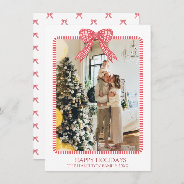 Christmas Coquette Bow Photo Grandmillennial Holiday Card (Front/Back)