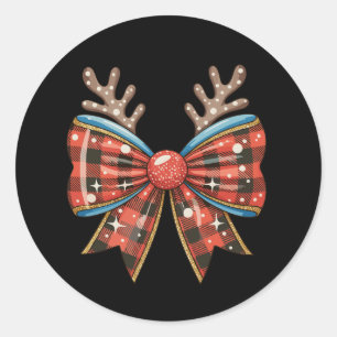 Christmas Coquette Bow Red Buffalo Plaid Reindeer Classic Round Sticker