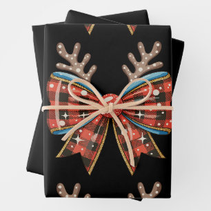 Christmas Coquette Bow Red Buffalo Plaid Reindeer Wrapping Paper Sheet