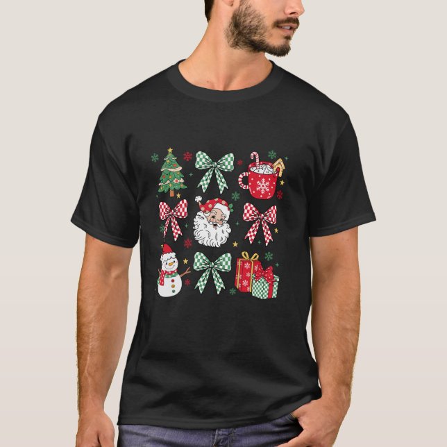 Christmas Coquette Bow Santa Merry Christmas Vibes T-Shirt (Front)